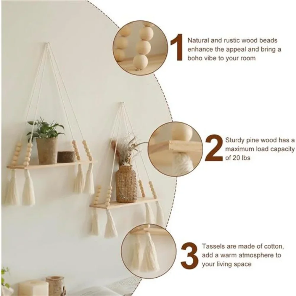 2 Pack Wooden Wall Hanging Shelves - Macrame Hanging Plant Shelf with Tassel